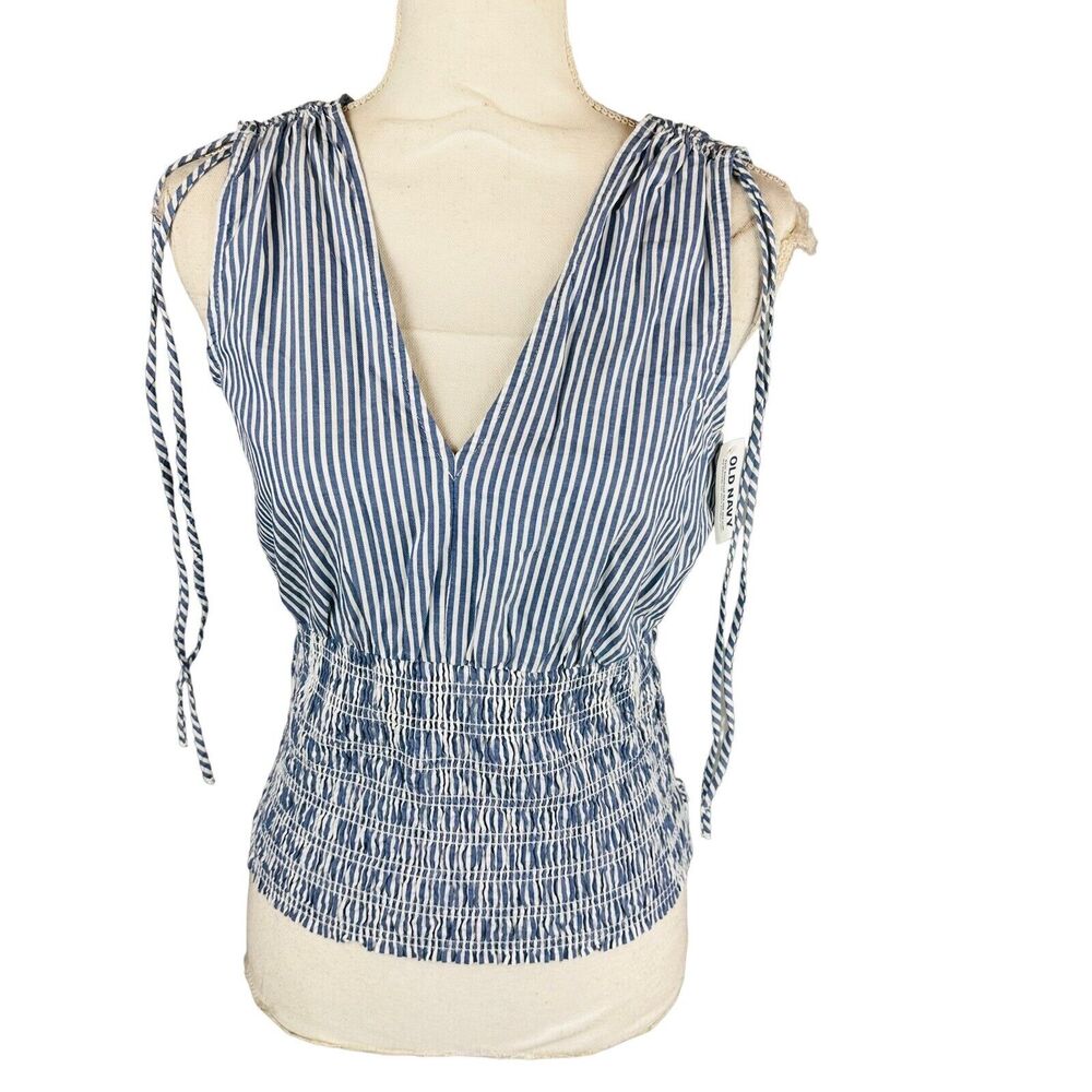 New Old Navy Womans XS Tall Blouse Mini Blue Stripe Ruched Sleeveless V Neck NWT